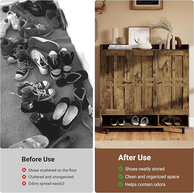 Shoe Cabinet with 3 Doors and Adjustable Shelves, Large Shoe Storage Cabinet for 24–30 Pairs, Modern Farmhouse Shoe Organizer with Open Bottom Shelf for Entryway, Living Room, Rustic Brown