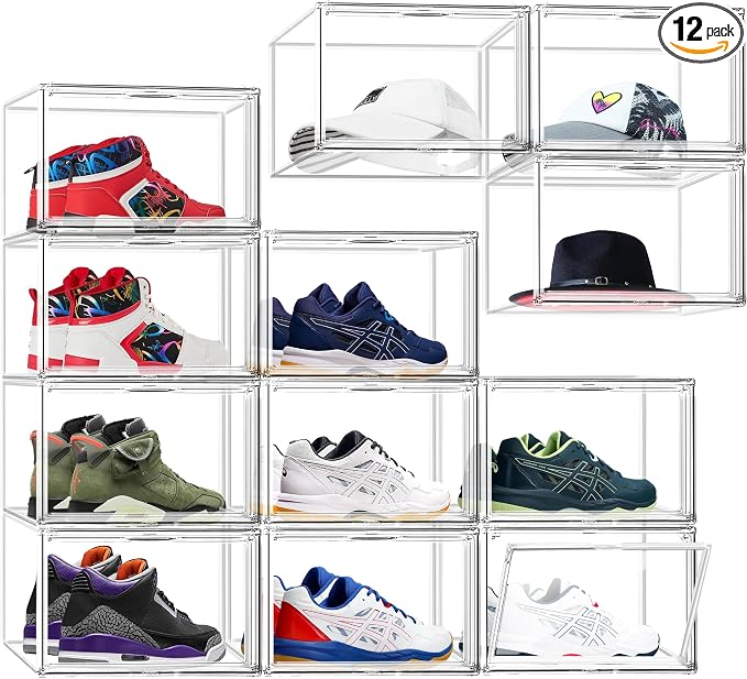12 Pack Drop-Front Clear Shoe Box Acrylic Storage Box Shoe Organizer Size 13, Stackable Shoe Tower with Magnetic Door Large Storage Bins for Sneaker Containers Display & Closet Organization