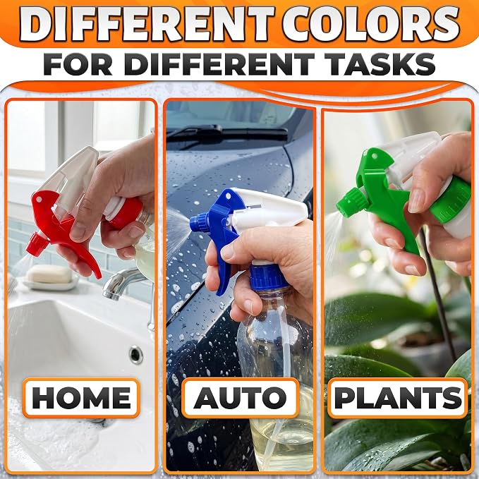 Spray Bottle Nozzle Replacement 12 Pcs, 8-32oz Bottles (Multicolor) | Replacement Trigger Sprayer Heads for Bottles; Fits 28-400 Thread, Trim-to-Fit Tube; for Cleaning, Garden & Pet Carefor
