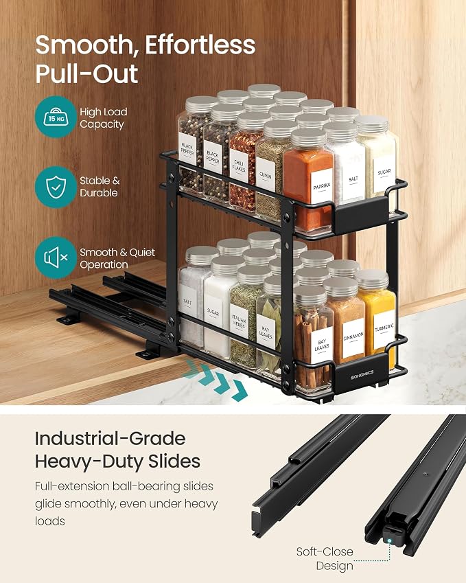 SONGMICS 2 Tier Pull Out Spice Rack for inside Cabinets, Steel | Spice Organizer, Slide Out Cabinet Organizer, for Kitchen Cabinet Storage, Black UKCS117B101