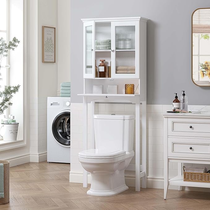 Spirich Over the Toilet Storage Cabinet with Moru Glass Doors, White | Tilt-Out Storage, Adjustable Shelf & Bottom Crossbar, Anti-Tip Bracket, 33-Inch Clearance, Space-Saving Bathroom Organizer