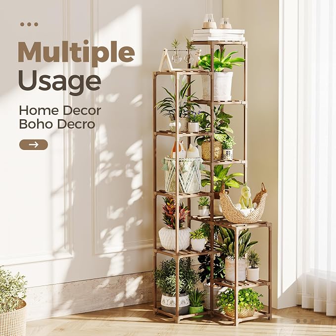 Bamworld 72" Tall Plant Shelf Indoor Outdoor Corner Plant Stand Large Plant Table Wood Plant Holder for 10 Pots Multiple Plants Patio Balcony Garden Office Home Decor