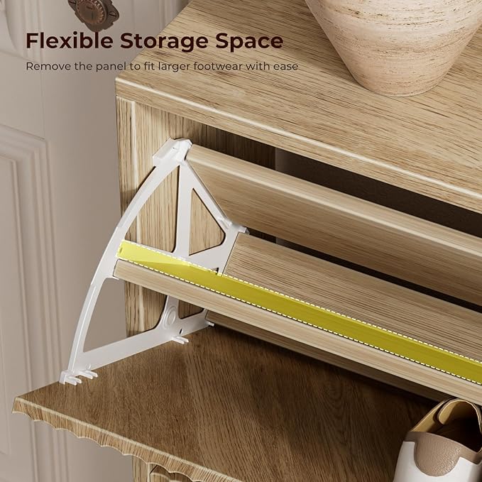 Evermagin Shoe Cabinet Storage for Entryway, Fluted Slim Shoe Dresser, Narrow Shoe Rack Cabinet, Hidden Shoe Organizer Cabinet for Entrance, Hallway (Oak, 2 Flip Drawers with Drawer)