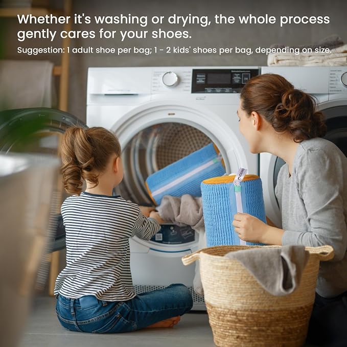 2Pcs Shoe Washing Machine Bag, Sneaker Laundry Bag for Washing Machine, Extra Long and Thick Microfibre Fluff, Reusable for Washer and Dryer (2pcs, Blueish Yellow)