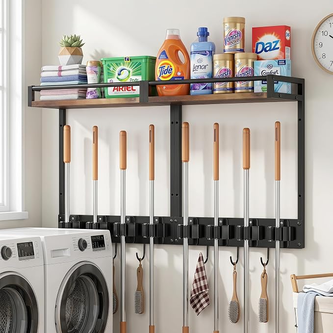 2 Packs Broom Holder Wall Mount with Shelf Load 66LBS Broom and Mop Organizer Wall Hanging Broom Hanger with 4 Mop Hanger Grippers, 3 Hooks for Laundry Room, Garage, Utility Closet, Kitchen