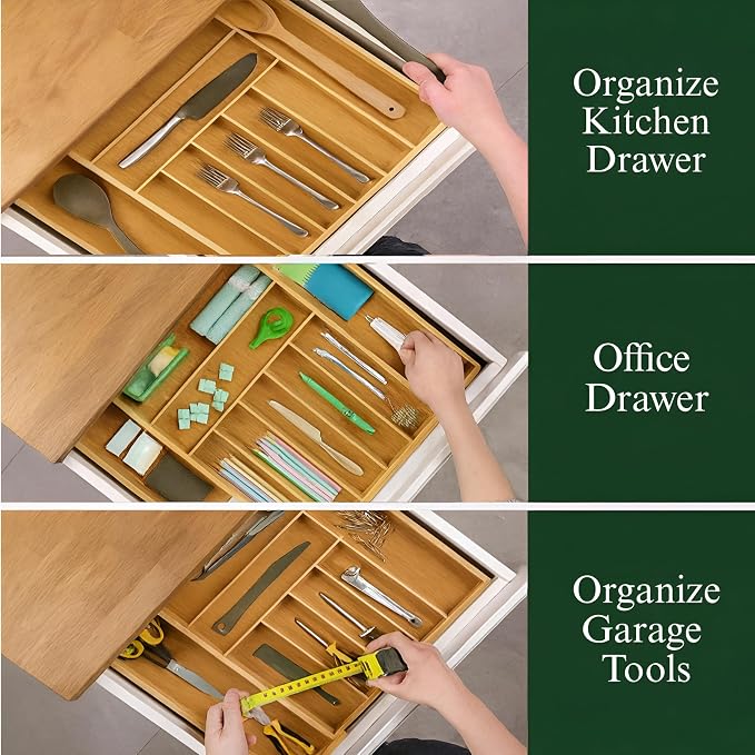 Bamboo Drawer Organizer – Expandable 9 Slot Silverware & Utensil Tray for Kitchen, Office & Kitchen –Fits 13”–19.6” Drawers, Natural Bamboo Wood, Deep Compartments - Durable & Eco-Friendly