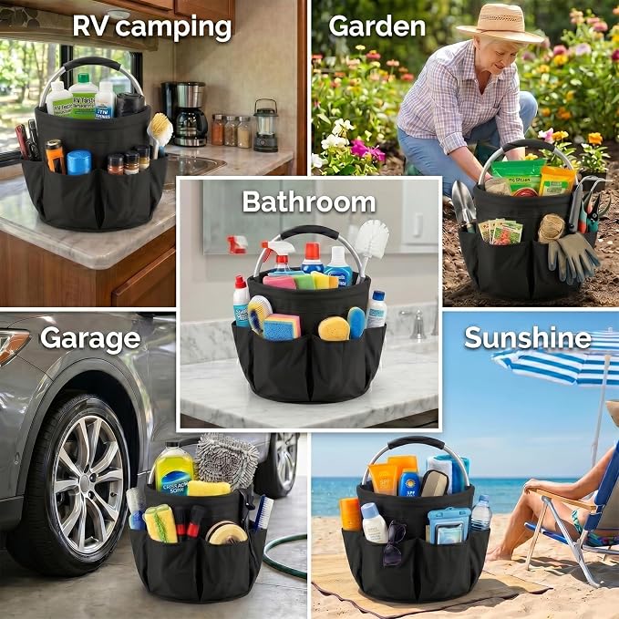 Foldable Cleaning Caddy with Handle 17L Large Cleaning Supplies Organizer 600D Oxford Portable Bucket Basket with 6 Pockets for Home Bathroom Garden Garage - Black