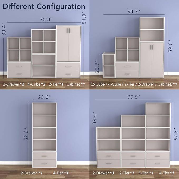 Homes: Inside + Out Apexa 4-Tier Cube Storage Organizer Shelves, Stackable Wood Bookcase Fits Cubby Bins for Organization, Dorm Teen Room Decor & Home Office, Taupe Grey