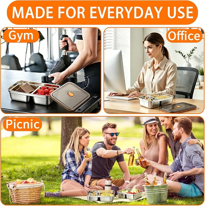 3 Pack Stainless Steel Bento Box with Lids 2 Compartment Containers | Metal Reusable Snack Lunch box Leak Proof Food Storage Container BPA Free Meal Prep Women Kids for Picnic, Office, Outside