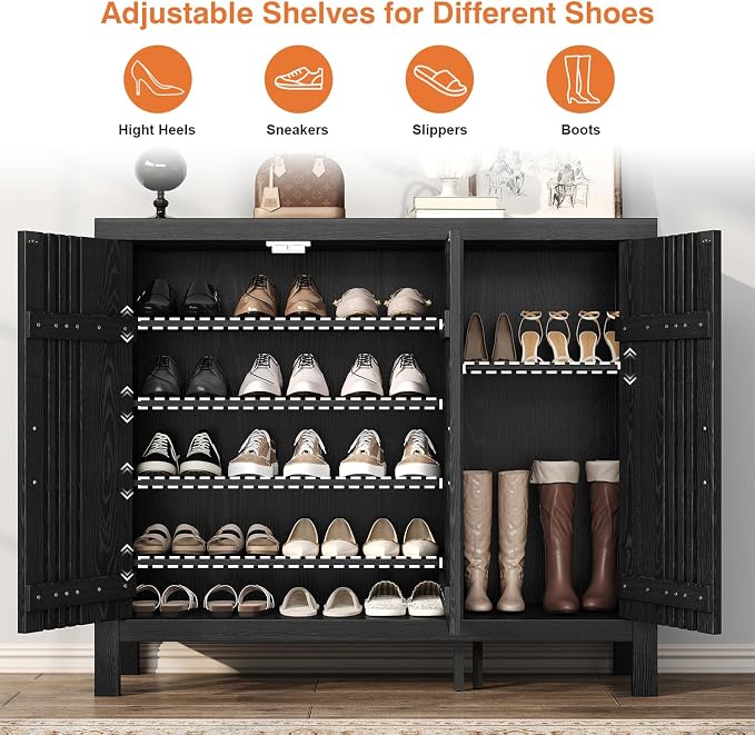 UNIQUITE Shoe Storage Cabinet with 3 Shutter Doors, 30 Pairs Shoe Cabinet with Adjustable Shelves, 5-Tier Large Shoe Rack Organizer for Entryway Hallway Living Room, Black