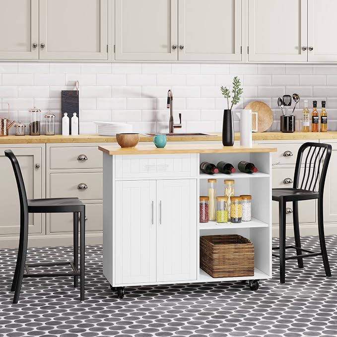 Shintenchi Kitchen Island Cart with Storage,Rolling Kitchen Island Side Table on Wheels with Large Worktop,Storage Cabinet,Towel Rack and Drawers for Kitchen,Dinning Room,Black