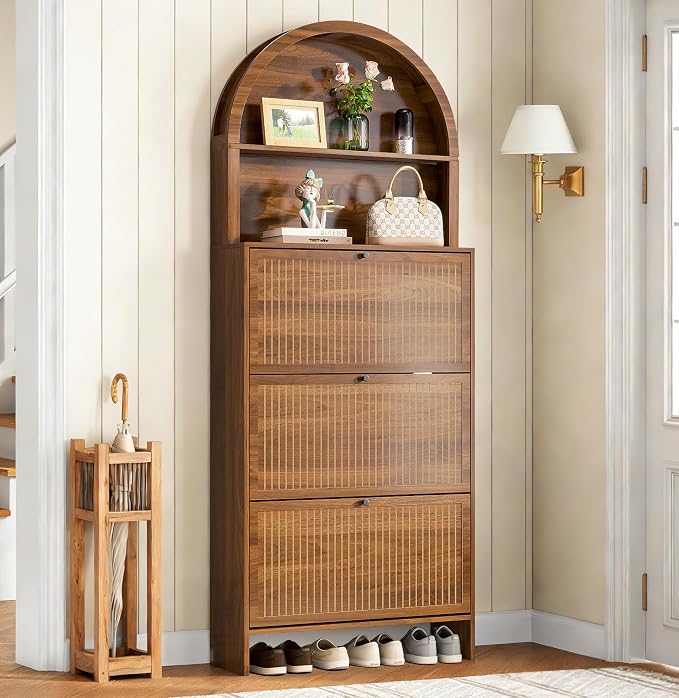 Shoe Storage Cabinet for Entryway with 3 Flip Drawers, 78.7 Inch Tall Arched Hidden Shoe Cabinet with Shelves, Narrow Freestanding Shoe Rack Organizer with Fluted Panel for Foyer (Walnut)