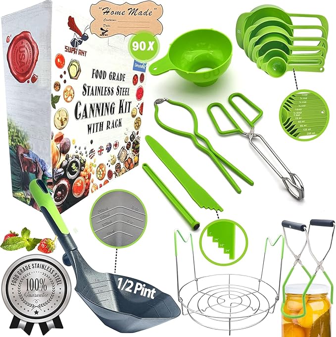 Supa Ant Complete Canning Starter Kit – 10pc Food-Grade Steel Set with XL Ladle, 6 Measuring Cups, Jar Lifter, Wide Mouth Funnel, Canning Rack (7-Jar Capacity) & 90 Labels – Beginner-Friendly, Green