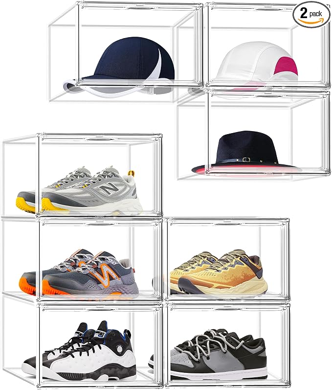 2 Pack Drop-Front Clear Shoe Storage Box Acrylic Box Shoe Organizer Size 13, Stackable Shoe Tower with Magnetic Door Large Storage Bins for Sneaker Containers Display & Closet Organization