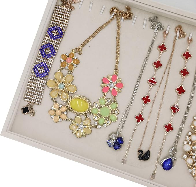 Stratalife 20 Hooks Necklace Organizer Tray, Stackable Jewelry Organizer for Women, Velvet Jewelry Display Storage Tray for Necklace Bracelet, 13.8" x 9.4" x 1.2", Beige