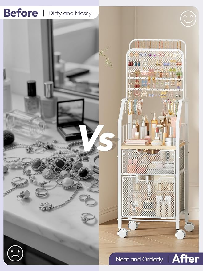 SWTYMIKI Jewelry Organizer with Drawers- Metal Jewelry Holder Stand Large Necklace Holder and Earring Organizer Display, Rolling Jewelry Storage Makeup Organizer for Bedroom Vanity Closet