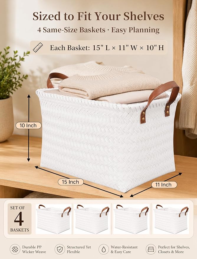 Hand Woven Baskets for Storage, 4Pcs Water-Resistant Wicker Baskets, White Wicker Storage Baskets for Shelves, Large Basket with Handle for Organizing, Clothes, Laundry, Blanket - Rectangular