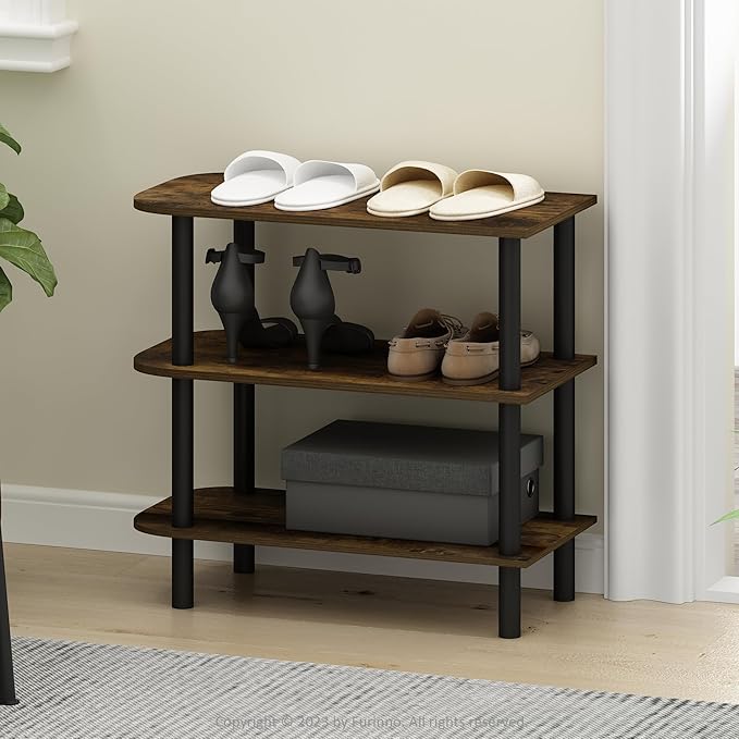 Furinno Turn-N-Tube 3-Tier Toolless Narrow Shoe Rack, Amber Pine | 11.7 x 23.6 x 21.9, Small Shoes Organizer, Shoe Rack Storage with Curved Organizer, for Closet Entryway, Office, Garage
