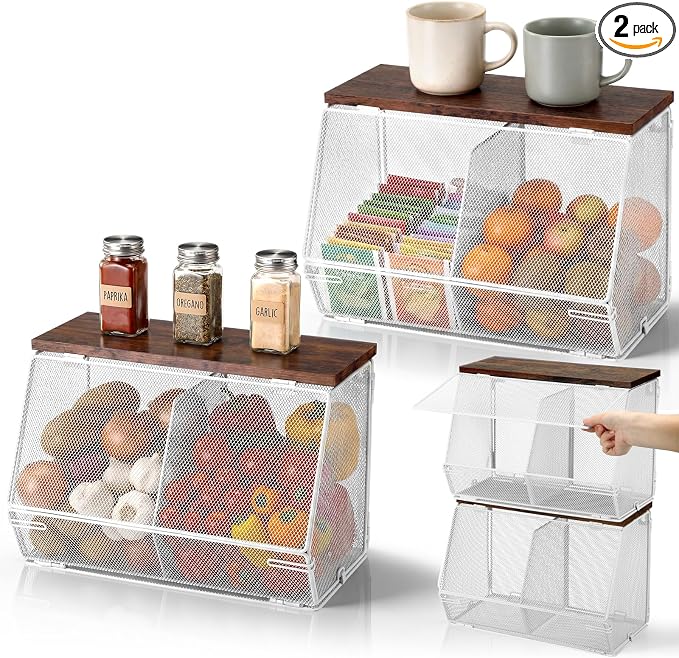 Teenyyou 2 Pcs Stackable Mesh Fruit Basket with Lid Wall Produce Vegetable Storage Basket Onion Potato Hanging Metal Wire Container for Kitchen Counter Pantry (Divided,White,8.3"w & 13.8"L)