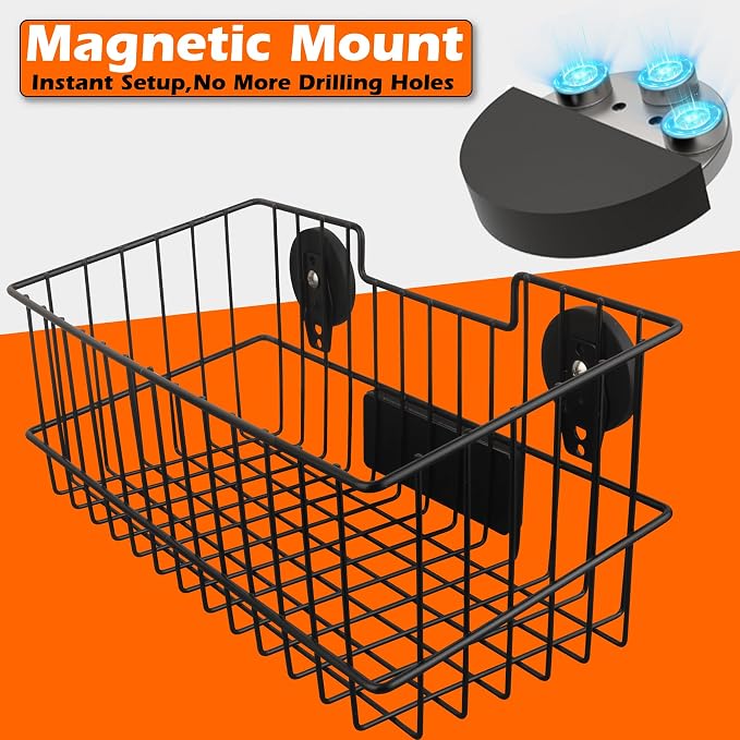 MUTUACTOR Heavy Duty Metal Wire Baskets,Magnetic Mount Hanging Wall Basket Storage,Extra Large Magnet Metal Wall Basket For Organizing Kitchen Laundry Closet Garage RV,Black,2PCS