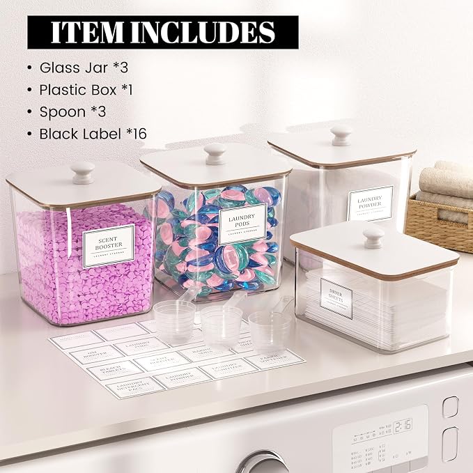 HomePekite Laundry Pods Storage Container, Clear Laundry Room Organization and Storage,Detergent Powder Container,with Wooden Lids & Labels, 3+1 Pack（White）