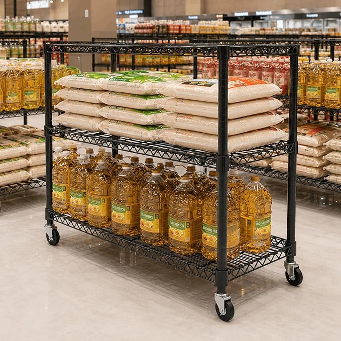 3 Tier Wire Shelving Unit with Wheels, Heavy Duty Metal Storage Shelf Rack, 36.9" W x 18.6" D x 39.4" H Rolling Wire Shelf with Locking Casters for Garage, Pantry, Kitchen, Laundry Room,