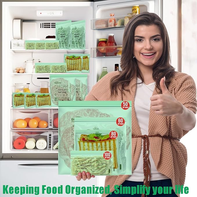 BEIDOU-PAC Compostable Quart Food Storage Freezer Bags, 60 Count | 2 Mil | 8 IN x 7 IN, Freshness Easy Open Biodegradable Eco-Friendly Reclosable Compost Zipper Bags