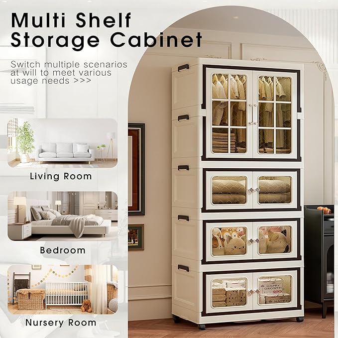 SunSettler Collapsible Storage Bins with Lids, Folding Storage Cabinets with Doors, Stackable Organizers Cabinets, Closet Organizers and Storage for Home, Dorm (3+1 Transparent Plus)