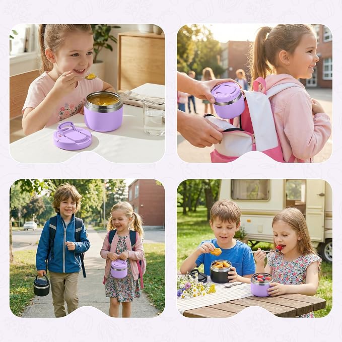 MAXSO 14oz Vacuum Insulated Food Jar with Spoon Buckle Lid, Kids Soup Thermo for Hot Food Wide Mouth Leakproof Stainless Steel Lunch Container - Purple