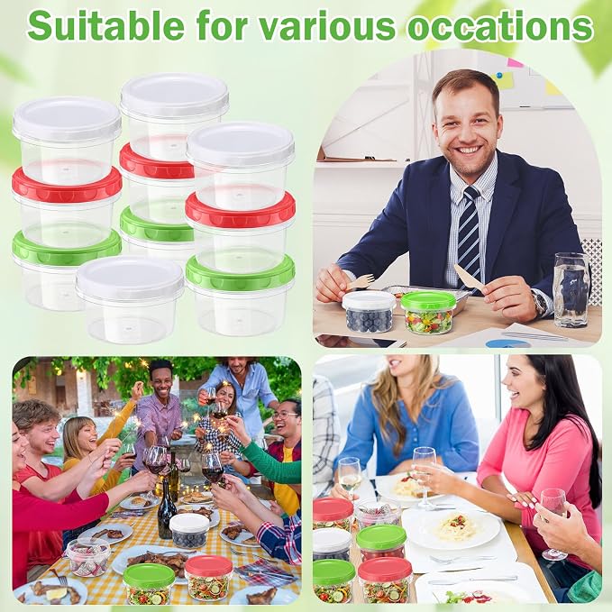 Sieral 36 Pack 8 oz Freezer Containers with Lid Reusable Deli Freezer Storage Containers Stackable Plastic Ultra Thick Twist Top Jar for Takeout Food Round Wide Mouth Lunch Snack (Green,Red,White)