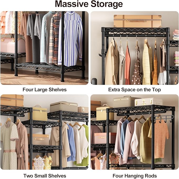 Golpart Heavy Duty Garment Rack Clothes Rack,Large Metal Closet Organizer System Storage Wardrobe,Freestanding Clothing Rack Black 15.75" D x 77.5" W x 77" H