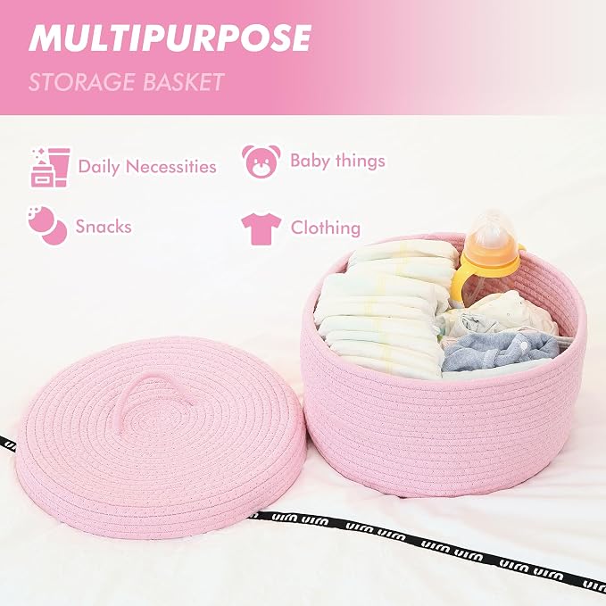 Sea Team Round Cotton Rope Storage Basket with Lid, Lidded Woven Storage Bin, Nursery Storage Container, Diaper Caddy, Baby Shower Basket, Box, Organizer, 11.8 x 11.8 x 6.7 Inches (Medium, Pink)