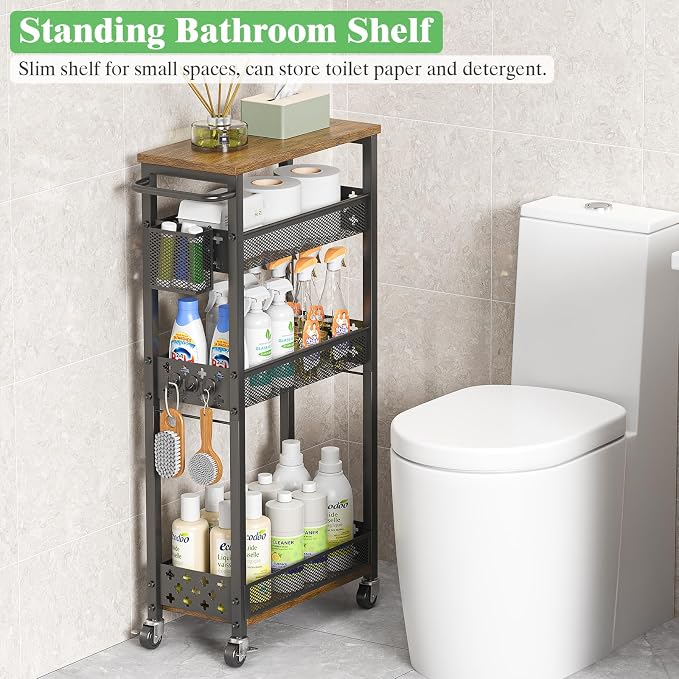 4 Tier Slim Rolling Storage Cart, Laundry Room Cart on Wheels, Small Metal Bathroom Cart Kitchen Organizer Trolley with Handle and Mesh Basket, 7.1 inch Width for Narrow Space, Black