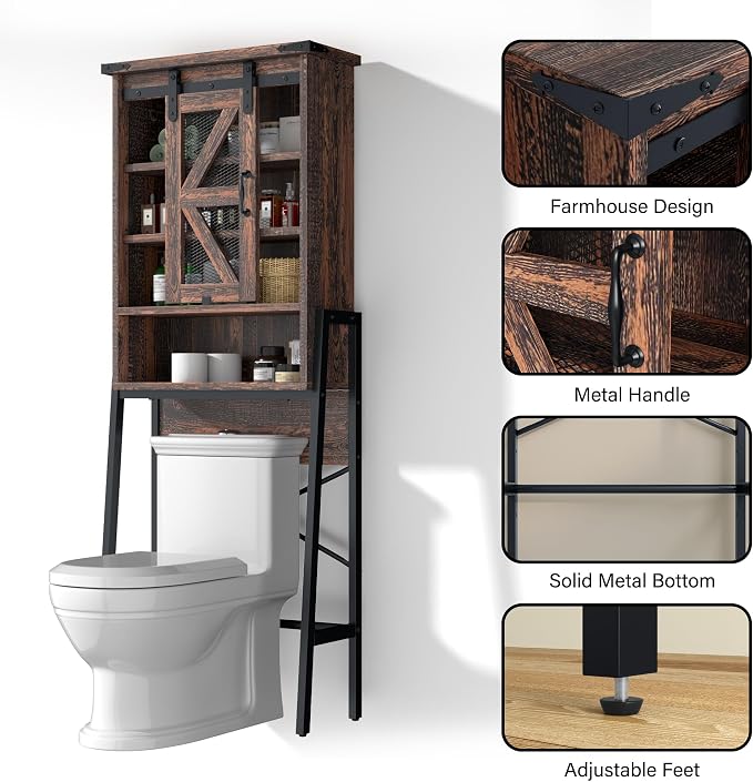 kepptory Over The Toilet Storage Cabinet with Sliding Barn Door, Over Toilet Bathroom Organizer with Adjustable Shelves and Metal Frame, Farmhouse Space Saver The Toilet Rack (Brown)