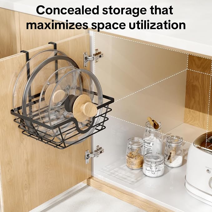 TIDIIABODE Pot Lid Organizer 2 Pack, Adjustable Kitchen Pot Lid Holder Inside Cabinet, Kitchen Cabinet Organizer Hanging for Food Storage Container, Pot, Pan Lid & Bakeware, Black