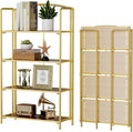 Crofy 4-Tier Wider Foldable Bookshelf, Gold Frame & Walnut Shelves | No-Assembly Collapsible Portable Storage Organizer; Sturdy Walnut Finish Shelves; Ideal for Living Room & Home Office