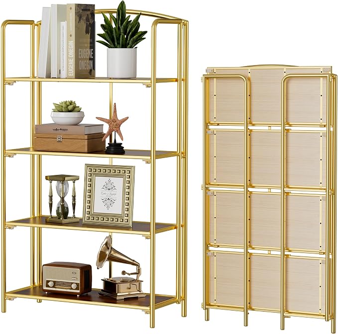 Crofy 4-Tier Wider Foldable Bookshelf, Gold Frame & Walnut Shelves | No-Assembly Collapsible Portable Storage Organizer; Sturdy Walnut Finish Shelves; Ideal for Living Room & Home Office