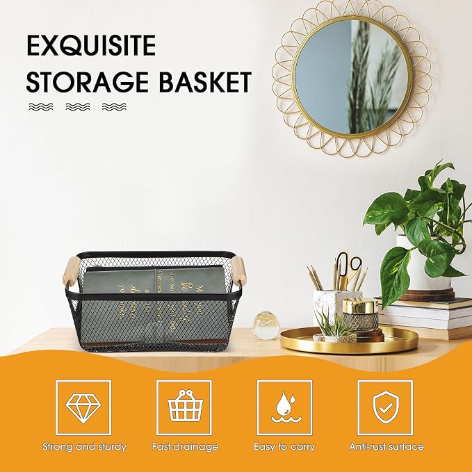 Ziliny 4 Pcs Metal Mesh Wire Baskets with Wooden Handles for Organizing, Pantry Organizers and Storage Steel Bin Kitchen Baskets for Fruit Potato Onion Snacks Bathroom Cabinet(Small,Black)