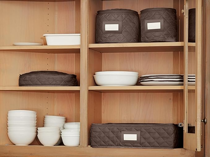 Covermates Keepsakes Dish Storage Set – Padded China & Dinnerware Storage Cases with Dividers, Cup & Stemware Storage, Quilted Polyester Protection, ID Window, Bronze