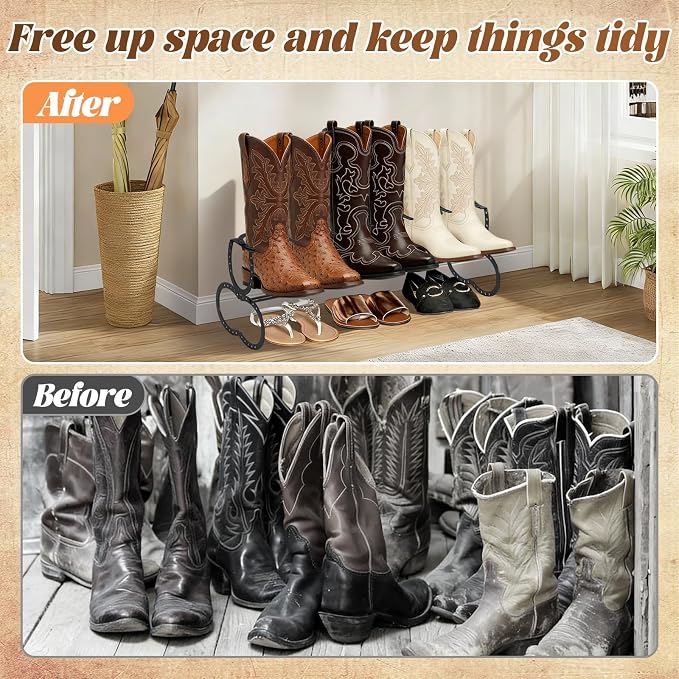 Cowboy Boot Rack 3 Pairs Horseshoe Boot Rack Cowboy Boots Storage Organizer Rustic Horseshoe Gifts Farmhouse Decor for Western Style Lovers Entryway Accessories (One Level)