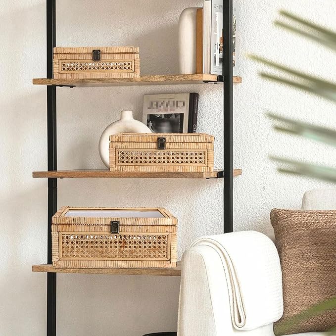 Hipiwe Vintage Decorative Box with Clear Lid Rattan and Wood Display Boxes Handcrafted Shelf Basket Bin Large Wicker Storage Basket Rectangular keepsakes Box for Bathroom Home Decor, 14x10x5.7 inch