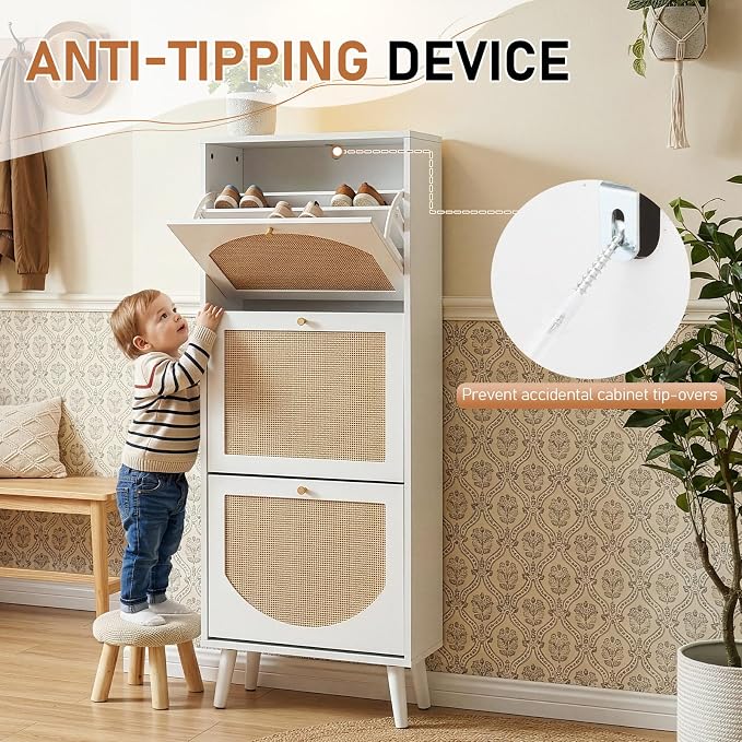 Karl home White Rattan Shoe Cabinet, 3-Tilt-Out Entryway Storage Organizer | Hidden Shoe Rack with 3 Tilt-Out Compartments for Heels, Slippers and Casual Shoes, Space Saving Entryway Furniture