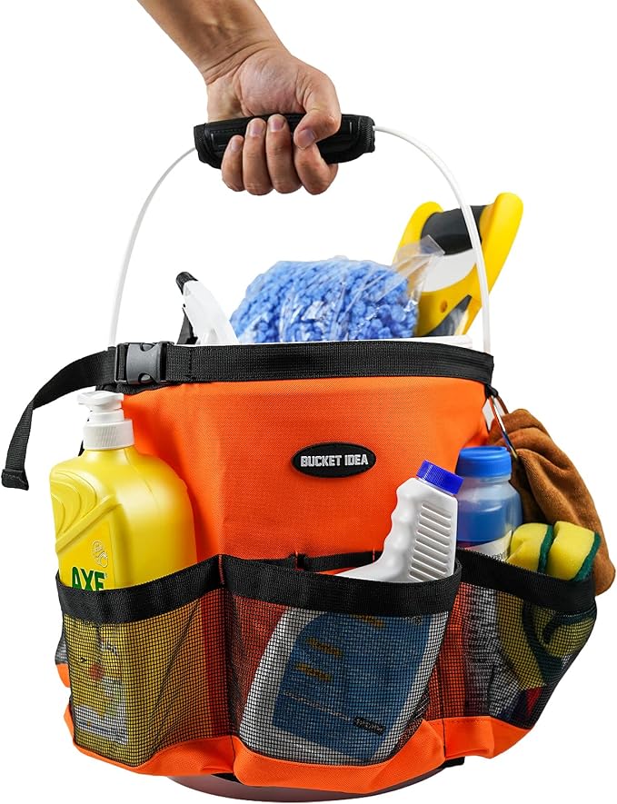 MELOTOUGH Bucket Washing Tool Organizer for a 5 Gallon Bucket Tool Organizer for Garden Tools Fit 3.5 to 5 Gallon Bucket (Orange) | Hold Spray Bottles Scrubs Brush, Mesh With Multiple Compartments, Fits 3.5-5 Gal Buckets, Water-Resistant, Easy To Carry