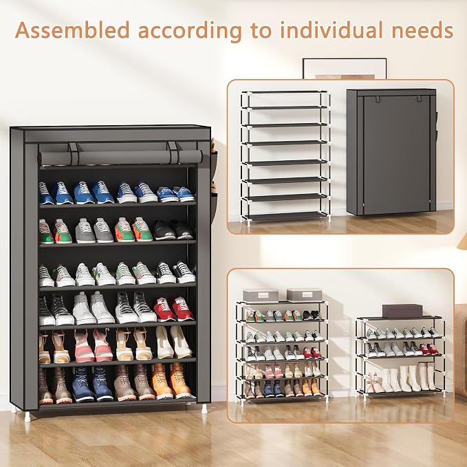 Laiensia 7-Tier Vertical Shoe Rack Organizer, Space Saving Shoe Storage Organizer, Non-Woven Cover Shoe Shelf Holds 28-35Pairs for Bedroom, Hallway, Closet Entryway, Black