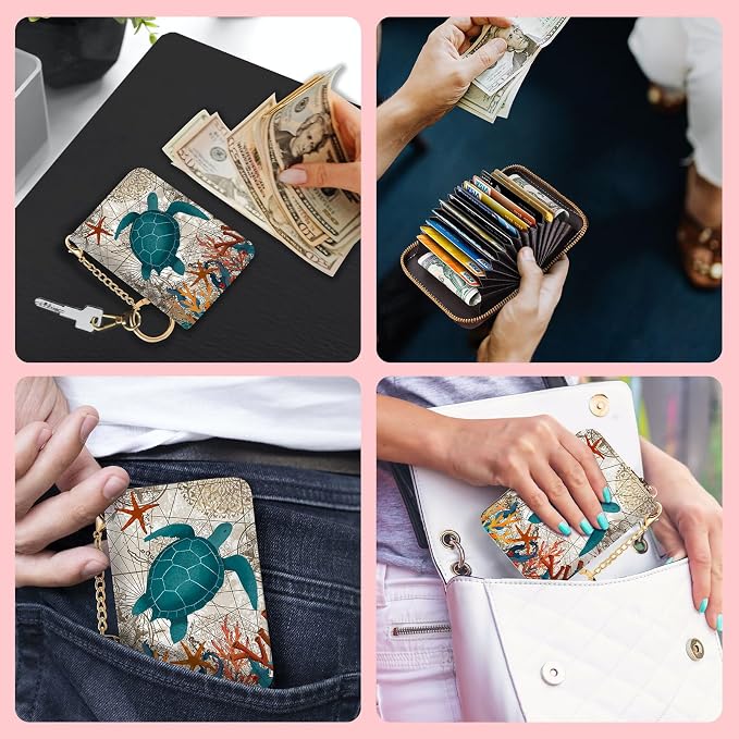 Blusabaca RFID Credit Card Holder Small Women Travel Wallet, Sea Turtle | Removable Keychain, Case with Zipper, Vegan PU Leather, Cash Coin Pocket, Business Accordion Purse, Ladies Female Gift
