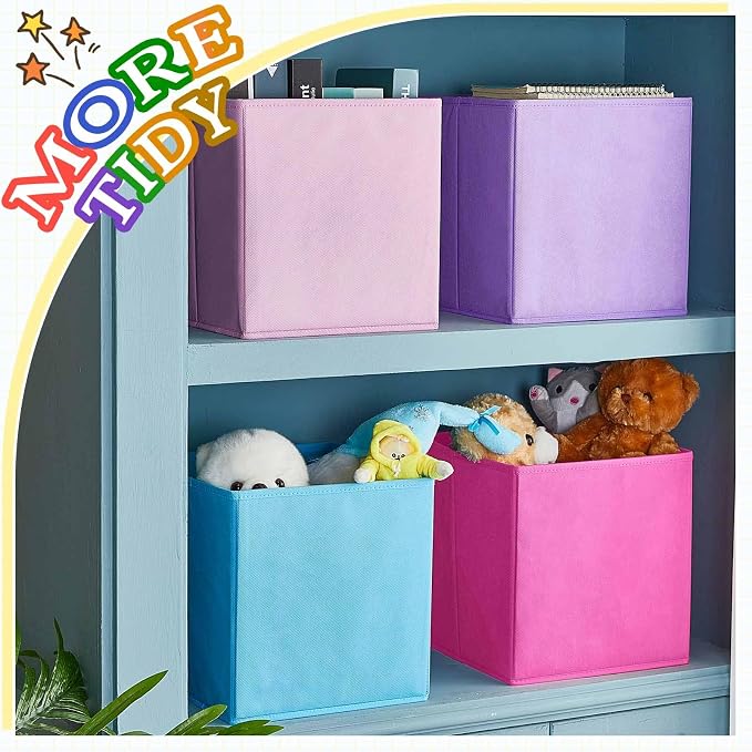 Yinder 4 Pcs Cube Storage Bin 10.5''x10.5''x11'' Storage Bins for Playroom Decor Colorful Bins for Kids Purple Foldable Baskets for Nursery Organizer Boxes Fabric Boxes(Blue, Purple, Pink, Rose Red)