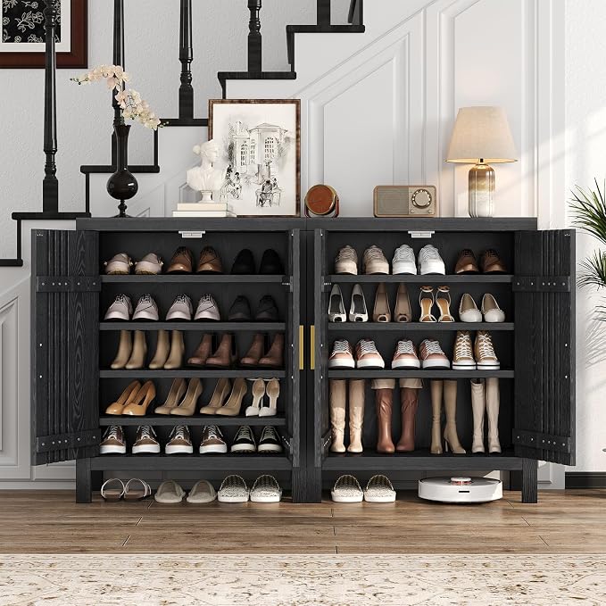 UNIQUITE Wooden Shoes Cabinet with Adjustable Shelves, Retro Freestanding Shoe Organizer Cabinet for Entryway Hallway Living Room, 5-Tier Shoe Cabinet with Doors for 20 Pairs, Black