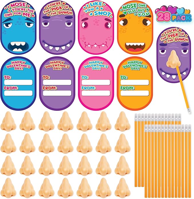 ArtCreativity Funny Nose Pencil Sharpener with Valentines Cards - Set of 28 - Classroom Novelty Gag Prize with 28 Pencils, Glue, I Pick You Nose Designs - Kids Birthday Party Favor and Art Supplies