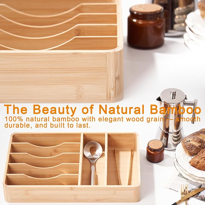 Silverware Drawer Organizer - Bamboo Tray for Cutlery, Flatware & Utensil Holder for Kitchen Drawers, Fixed 10.5" Width, 7 Storage Compartments, Non-Slip Feet, Rounded Corners, 100% Natural Plant
