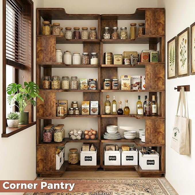 Besiost Corner Book Shelf, 7-Shelf Corner Bookshelf for Small Corner Spaces, L-Shape Bookcase Corner Display Shelf for Home Office, Living Room, Bedroom, Kitchen Pantry, Rustic Brown
